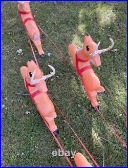 Vintage Grand Venture Lighted Santa In Sleigh & 5 Reindeer Christmas Blowmolds