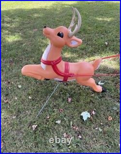 Vintage Grand Venture Lighted Santa In Sleigh & 5 Reindeer Christmas Blowmolds