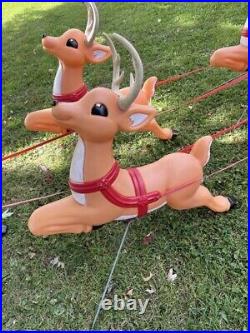 Vintage Grand Venture Lighted Santa In Sleigh & 5 Reindeer Christmas Blowmolds
