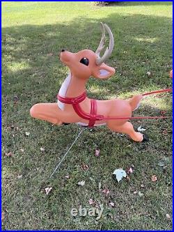 Vintage Grand Venture Lighted Santa In Sleigh & 5 Reindeer Christmas Blowmolds