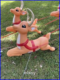 Vintage Grand Venture Lighted Santa In Sleigh & 5 Reindeer Christmas Blowmolds