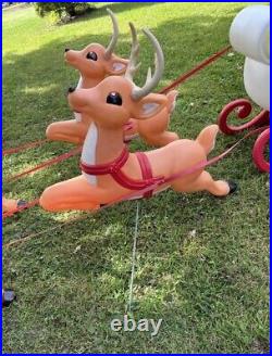 Vintage Grand Venture Lighted Santa In Sleigh & 5 Reindeer Christmas Blowmolds