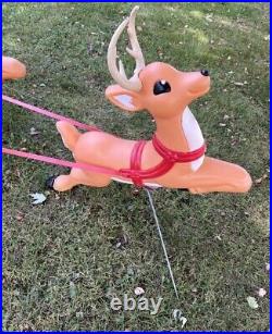 Vintage Grand Venture Lighted Santa In Sleigh & 5 Reindeer Christmas Blowmolds