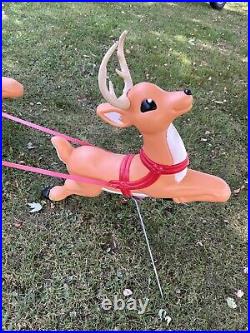 Vintage Grand Venture Lighted Santa In Sleigh & 5 Reindeer Christmas Blowmolds