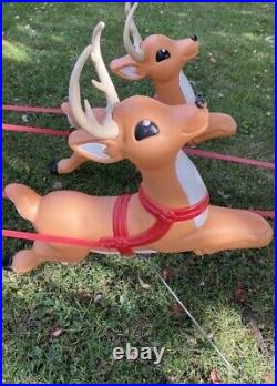 Vintage Grand Venture Lighted Santa In Sleigh & 5 Reindeer Christmas Blowmolds