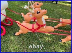 Vintage Grand Venture Lighted Santa In Sleigh & 5 Reindeer Christmas Blowmolds
