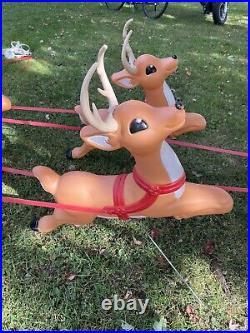 Vintage Grand Venture Lighted Santa In Sleigh & 5 Reindeer Christmas Blowmolds