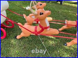 Vintage Grand Venture Lighted Santa In Sleigh & 5 Reindeer Christmas Blowmolds