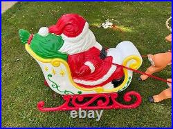 Vintage Grand Venture Lighted Santa In Sleigh & 5 Reindeer Christmas Blowmolds