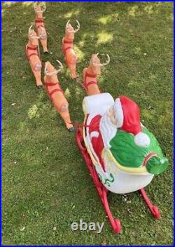 Vintage Grand Venture Lighted Santa In Sleigh & 5 Reindeer Christmas Blowmolds