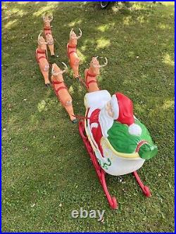 Vintage Grand Venture Lighted Santa In Sleigh & 5 Reindeer Christmas Blowmolds