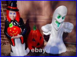 Vintage Halloween Blow Mold Ghost Pumpkin & Witch Lot of 3 Yard Decor with cord