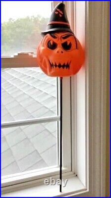 Vintage Halloween Blow Mold Ugly Pumpkin On A Stick Rattle Jack O' Lantern
