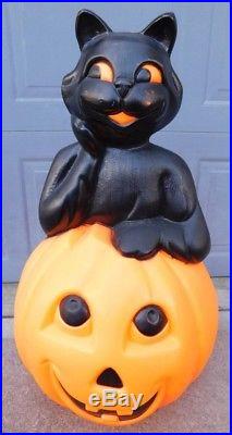 Vintage Halloween Decorations Blow Mold Black Cat and Pumpkin Rare 35
