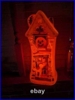 Vintage Haunted House Halloween Orange Black Cat Witch Bat Plastic Blow Mold