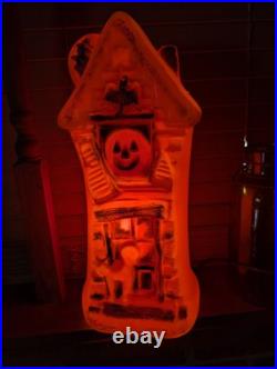 Vintage Haunted House Halloween Orange Black Cat Witch Bat Plastic Blow Mold