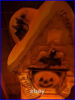 Vintage Haunted House Halloween Orange Black Cat Witch Bat Plastic Blow Mold