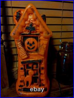 Vintage Haunted House Halloween Orange Black Cat Witch Bat Plastic Blow Mold