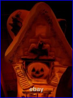 Vintage Haunted House Halloween Orange Black Cat Witch Bat Plastic Blow Mold
