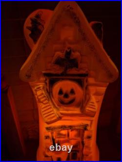 Vintage Haunted House Halloween Orange Black Cat Witch Bat Plastic Blow Mold
