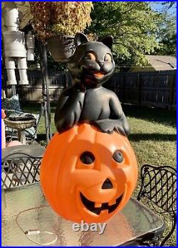 Vintage Large 34 Carolina Enterprise Black Cat on Pumpkin Halloween Blow Mold