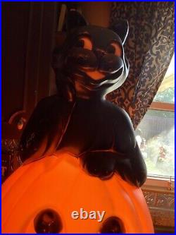 Vintage Large 34 Carolina Enterprise Black Cat on Pumpkin Halloween Blow Mold