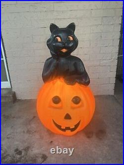 Vintage Large 34 Carolina Enterprises Black Cat on Pumpkin Halloween Blow Mold