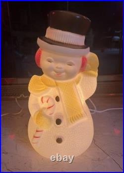 Vintage Lighted Blow Mold Snowman Christmas Decoration Yellow Scarf Candy Cane