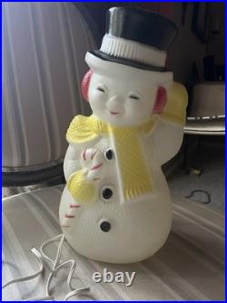 Vintage Lighted Blow Mold Snowman Christmas Decoration Yellow Scarf Candy Cane