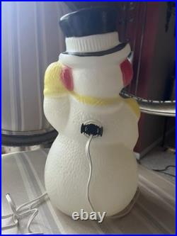 Vintage Lighted Blow Mold Snowman Christmas Decoration Yellow Scarf Candy Cane