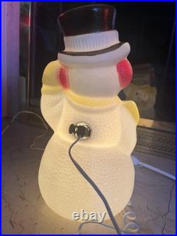 Vintage Lighted Blow Mold Snowman Christmas Decoration Yellow Scarf Candy Cane