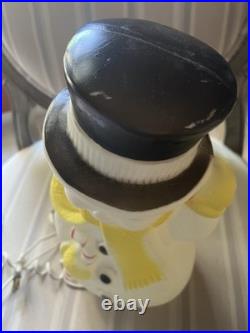 Vintage Lighted Blow Mold Snowman Christmas Decoration Yellow Scarf Candy Cane