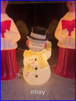 Vintage Lighted Blow Mold Snowman Christmas Decoration Yellow Scarf Candy Cane