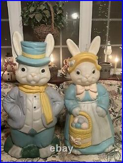 Vintage TALL Large EMPIRE BLOW MOLD Lighted Mr. And Mrs. EASTER BUNNY Rabbits