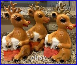 Vntg Blow Mold Rudolph The Red Nose Reindeer & Chimney Christmas Decor Set Of 3