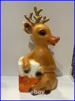 Vntg Blow Mold Rudolph The Red Nose Reindeer & Chimney Christmas Decor Set Of 3