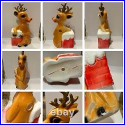 Vntg Blow Mold Rudolph The Red Nose Reindeer & Chimney Christmas Decor Set Of 3