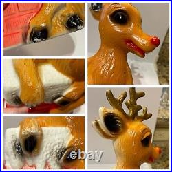 Vntg Blow Mold Rudolph The Red Nose Reindeer & Chimney Christmas Decor Set Of 3