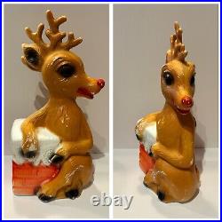 Vntg Blow Mold Rudolph The Red Nose Reindeer & Chimney Christmas Decor Set Of 3