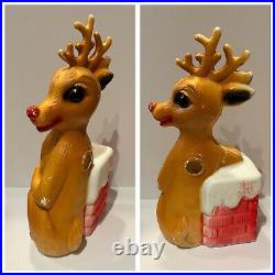 Vntg Blow Mold Rudolph The Red Nose Reindeer & Chimney Christmas Decor Set Of 3