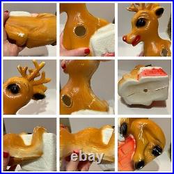 Vntg Blow Mold Rudolph The Red Nose Reindeer & Chimney Christmas Decor Set Of 3