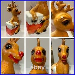 Vntg Blow Mold Rudolph The Red Nose Reindeer & Chimney Christmas Decor Set Of 3