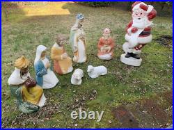 Vtg. Blow Mold Christmas Outdoor Decor 3 Wisemen, Mary, Joseph, 2 animals, Santa