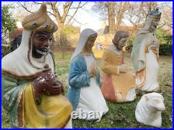 Vtg. Blow Mold Christmas Outdoor Decor 3 Wisemen, Mary, Joseph, 2 animals, Santa
