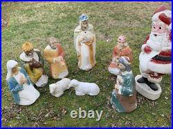 Vtg. Blow Mold Christmas Outdoor Decor 3 Wisemen, Mary, Joseph, 2 animals, Santa
