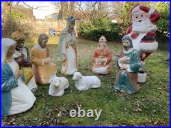 Vtg. Blow Mold Christmas Outdoor Decor 3 Wisemen, Mary, Joseph, 2 animals, Santa